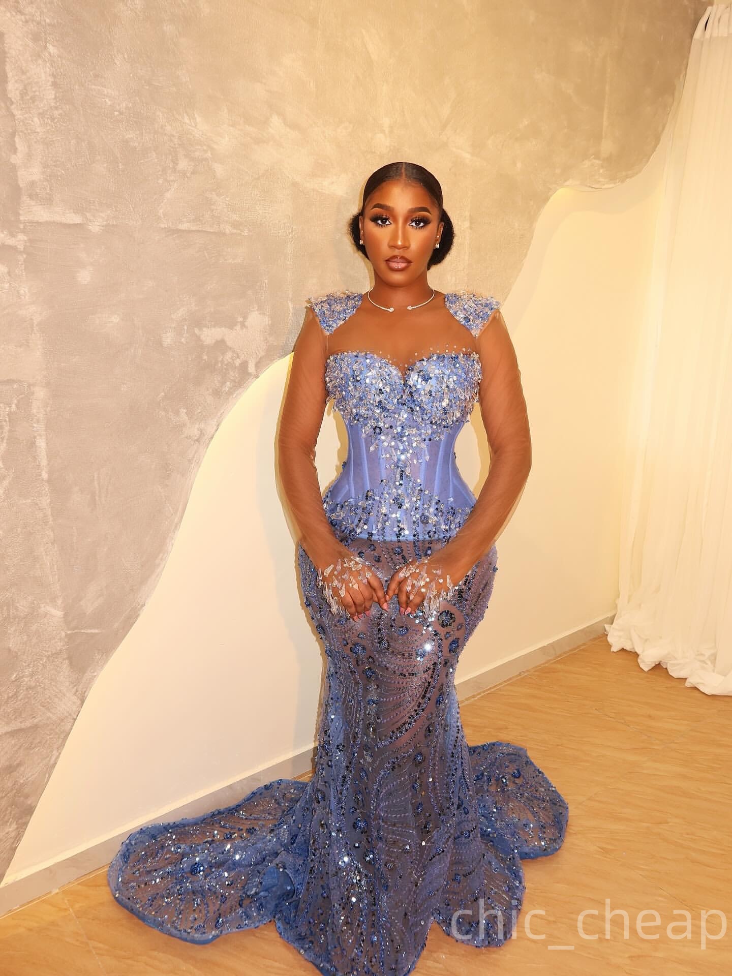 Aso Ebi Sky Blue Mermaid Prom Dresses 2025 Rhinestones Beaded Illusion Evening Formal Party Second Birthday Engagement Gowns Plus Size Dress For Speci