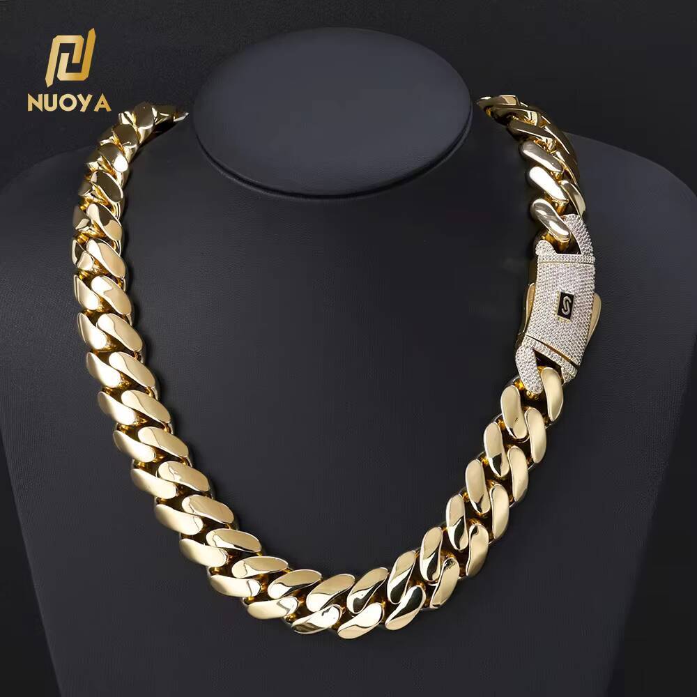 NUOYA Hiphop Jewelry Iced Out Diamond Clasp Flat Monaco Chain 14K Gold Plated Thick Cuban Link Chain Choker Necklace for Women