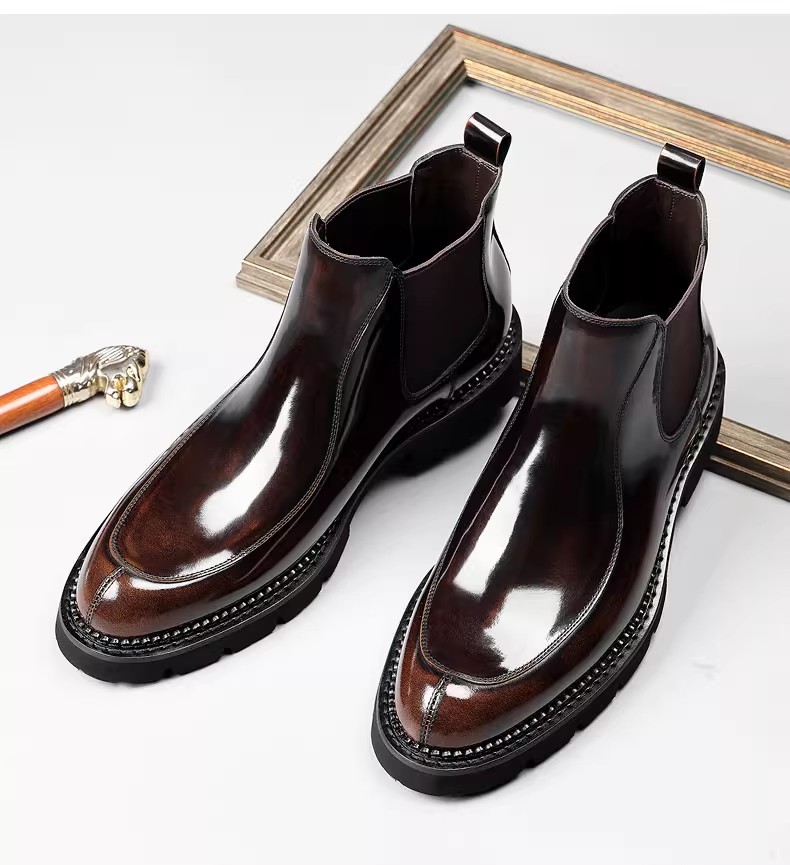 Chelsea boots men's high top leather shoes thick sole Italian handmade open-edge leather British business boots men's shiny face