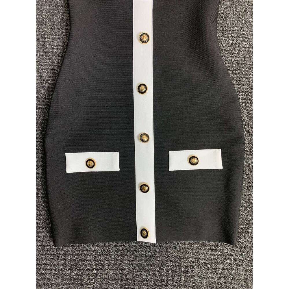 Women High Street Black White Bordure Single Breasted Halter Bodycon Mini Bandage Dress Soft And Comfortable Daily Dresses