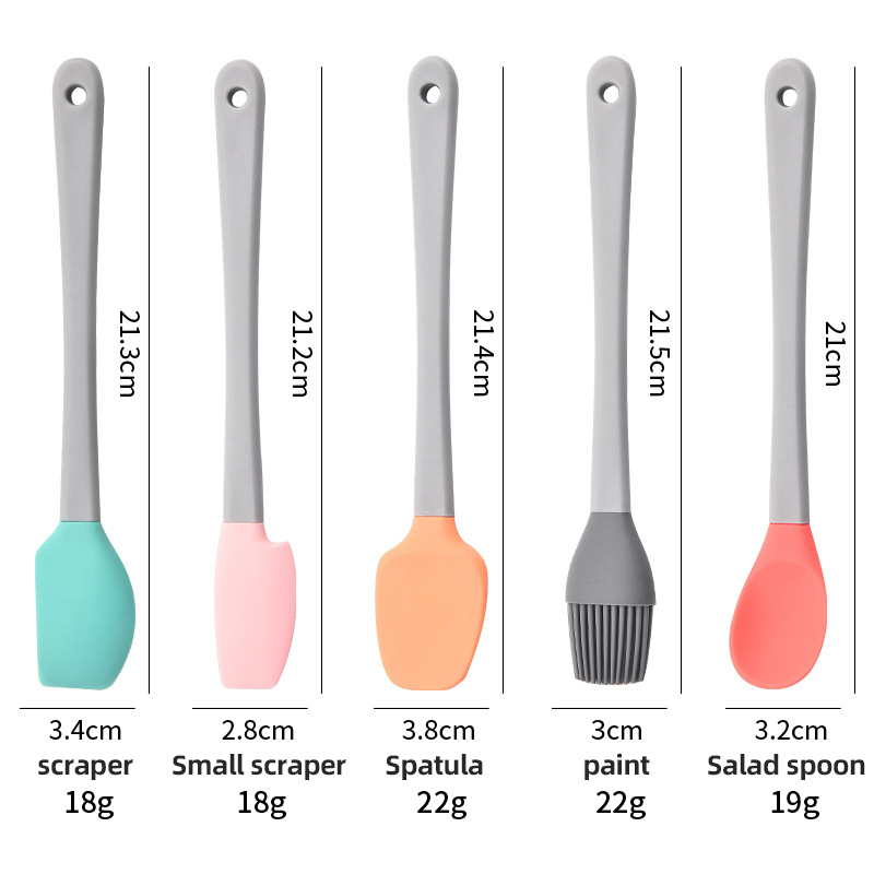 Mini Colorful Baking Tools Set with Silicone Handles - Children's Wood Spatulas & Oil Brush 5-Piece Silicone Toolset for Scraping, Spreading, Pai
