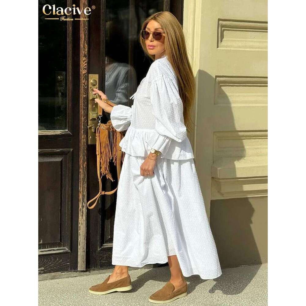 hoodie Clacive Fashion Loose White Cotton Women Casual Long Sleeve Ankle Length Dresses Elegant Classic Ruffle Female Dress jacket