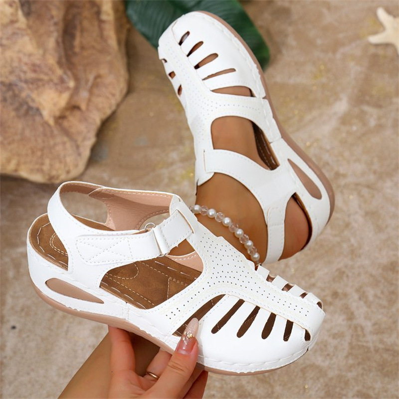 2025 New Large Size Women's Closed Toe Hollow One-Strap Wedge Roman Style Sandals for Women ddmymoon