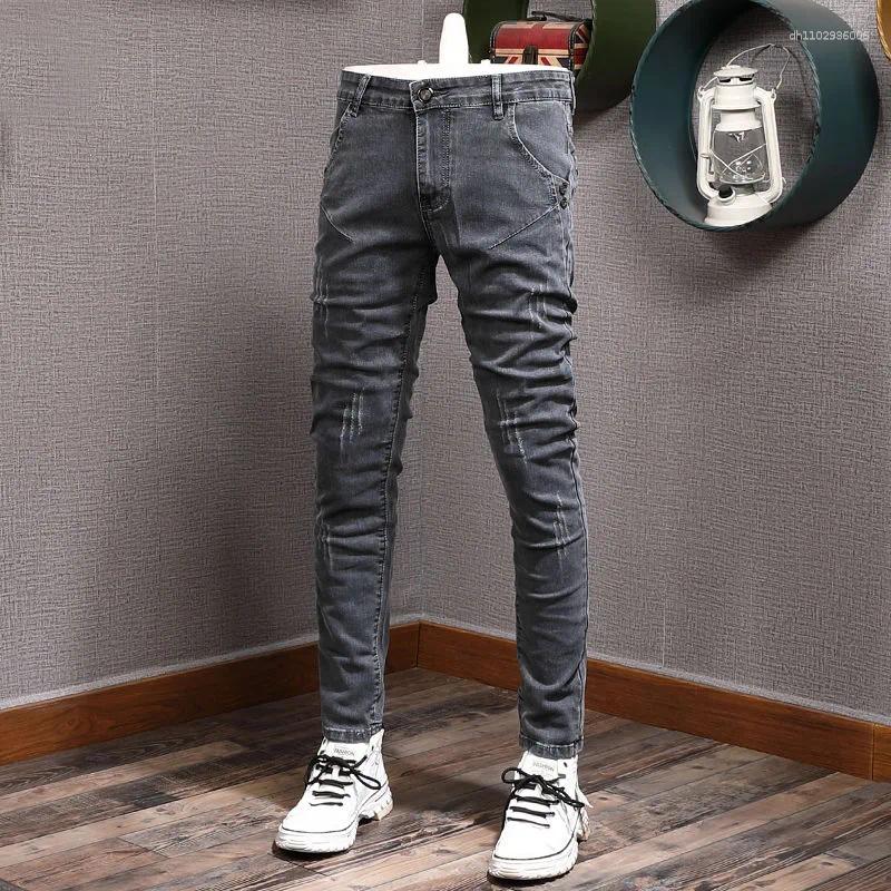 Men's Jeans Fashion Designer Men Retro Gray Stretch Slim Ripped Elastic Trousers Vintage Casual Denim Pencil Pants Hombre