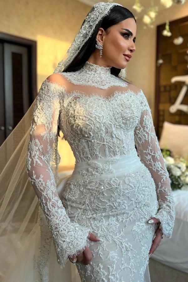 Arabic Dubai Vintage Lace Mermaid Wedding Dresses High Neck Long Sleeves Beaded Appliques Bridal Gowns Custom Made Robes De Mariage Bc20273 B0312