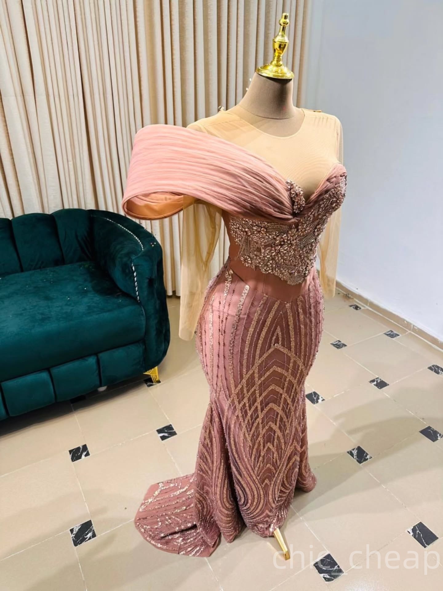 Mermaid Blush Pink Prom Dresses 2025 Crystals Sequined Full Sleeves Evening Formal Party Second Birthday Engagement Gowns Plus Size Dress For Special 