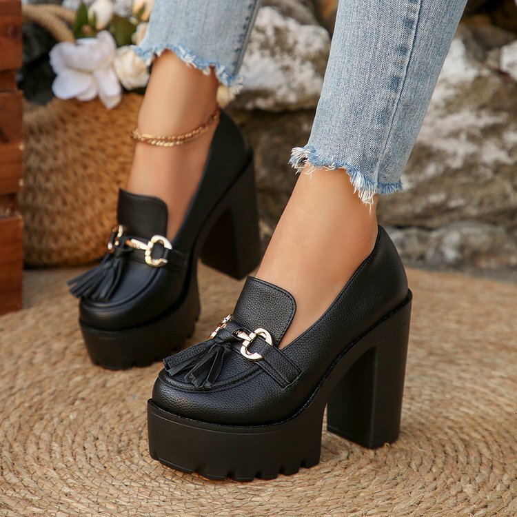 2025 Summer Leather Comfortable Spring Autumn Waterproof Platform Chunky Heel New High Heels Women's Single Shoes Large Size ddmymoon