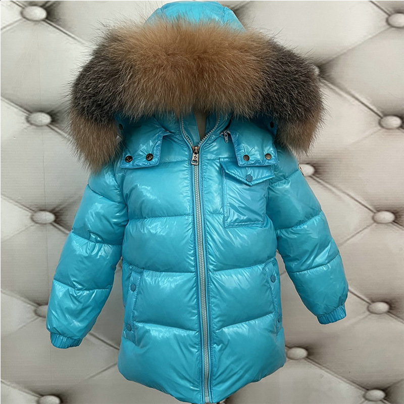 Childrens Winter Down Jacket Shiny Natural Fur Collar Childrens Boys Hooded Coat Baby Girls Warm Snow Clothes Childrens Park 241024