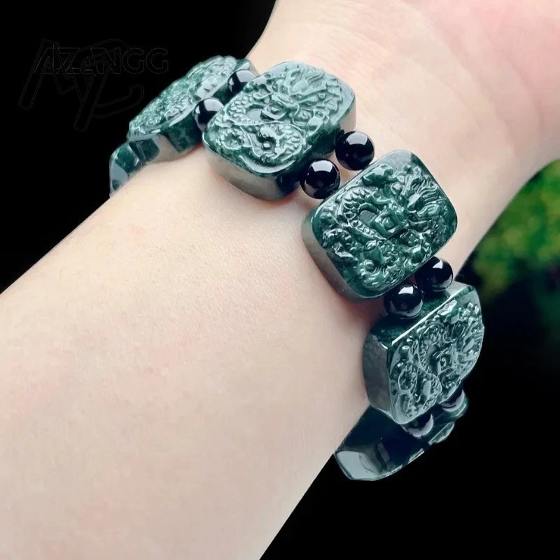 Hand Highgrade Natural Jade Kowloon Protector Carved Dark Green Dragon Powerful Mens Bracelet Lucky Amulet Gift 250801