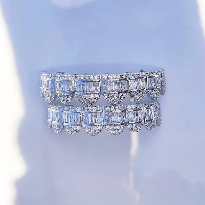 Iced Out Vvs Diamond Grillz Round Baguette 925 Sterling Silver Bling Hiphop Dope Custom Moissanite Grillz