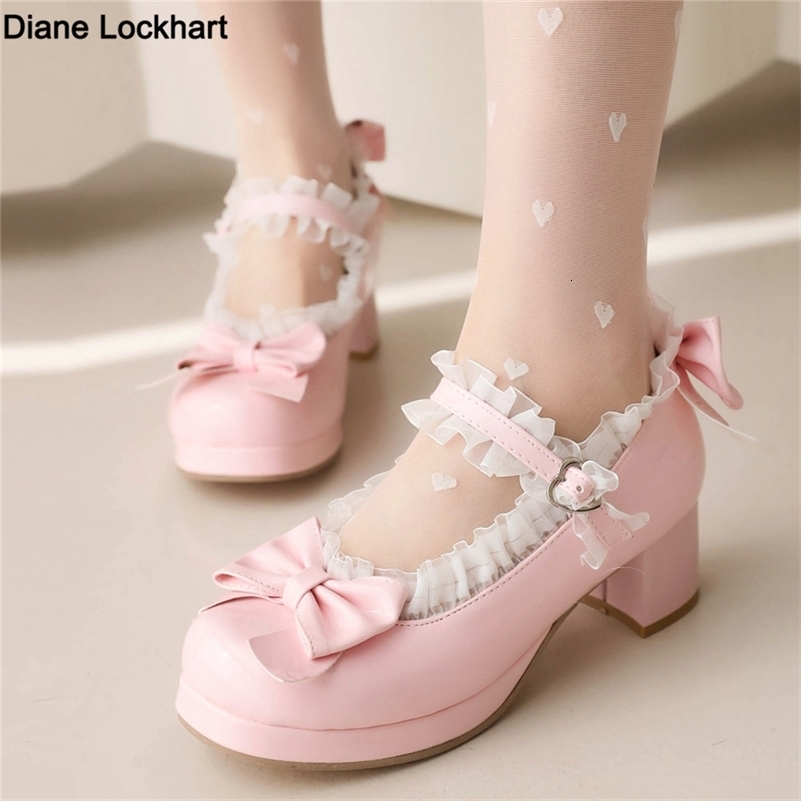 Woman Med Heel Lolita Shoes Patent Leather Cute Bow Mary Jane Pumps Bride Wedding Cosplay Party Red Pink Black Green Size 31-43 250815