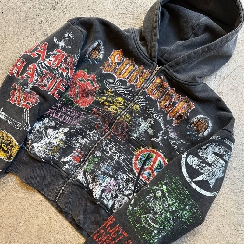 American Retro Skull Graphic Zipper Hoodie Men Gothic Punk Trendy Streetwear Jacket Hip Hop Harajuku Y2K Oversized Sweatshirt 250813