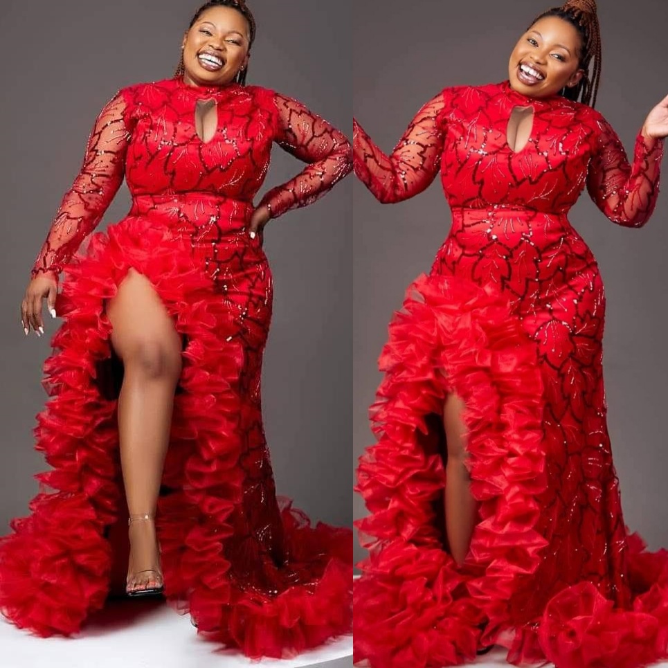 2025 Plus Size Red Mermaid Mother Of Bride Dresses High Split Sequined Full Sleeves Evening Party Mama's Dress Vintage Birthday Wedding Guest Gro
