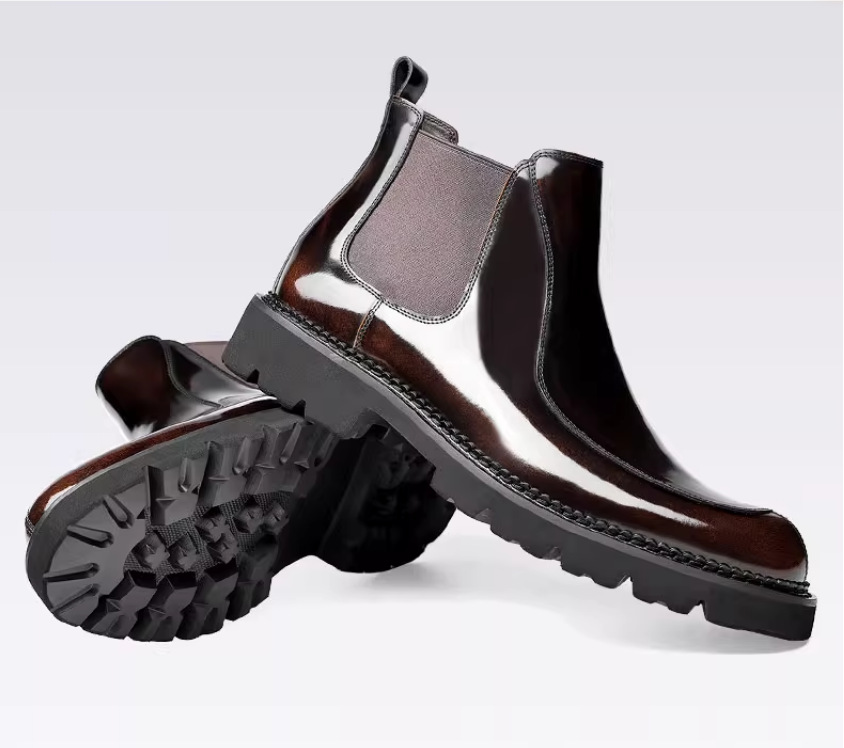 Chelsea boots men's high top leather shoes thick sole Italian handmade open-edge leather British business boots men's shiny face