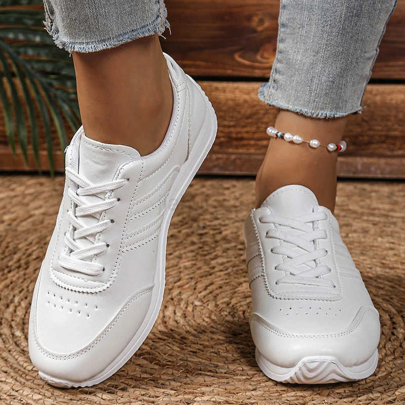 Womens Lightweight Casual Sneakers White PU Leather Comfort Sports Shoes for Women Lace Up Breathable Running Shoes Plus Size M250818 - view 3