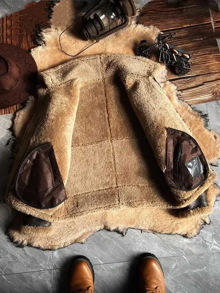 2024 New Fashion Mens Winter Coat Genuine Leather Natural Sheepskin Shearling Jacket Thick Wool Liner Brown Plus Size XXXXXXL XJ250818