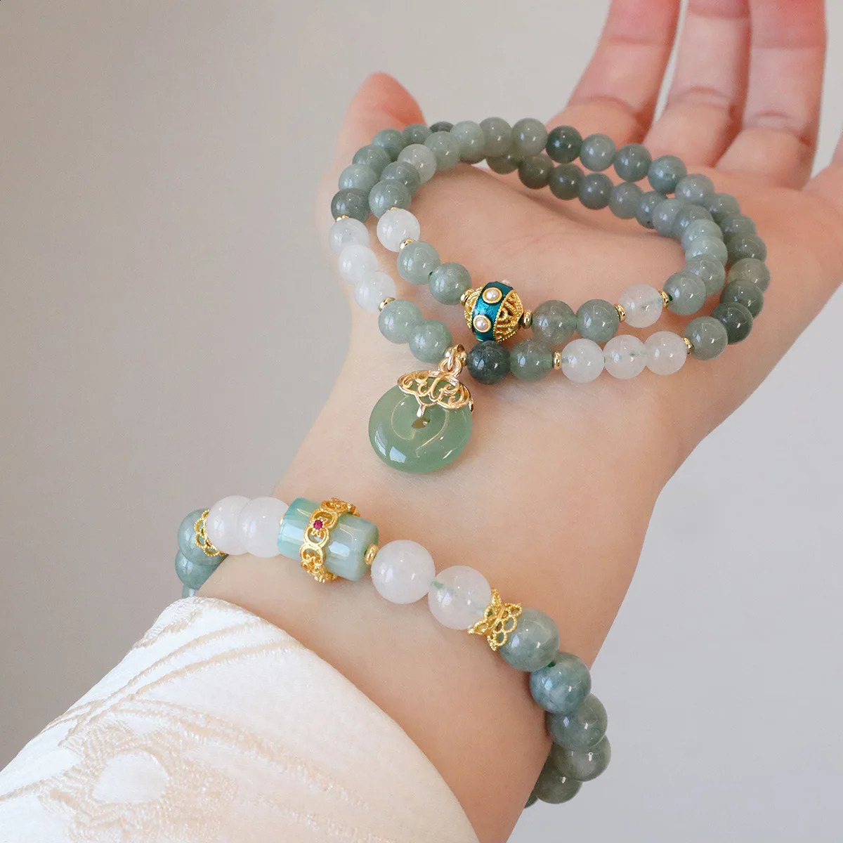 Ruifan Fengshui Bracelet Natural Green White Jade Beaded Strand Womens Bracelets Lucky Peace Button Pendant Accessories 1409 250801