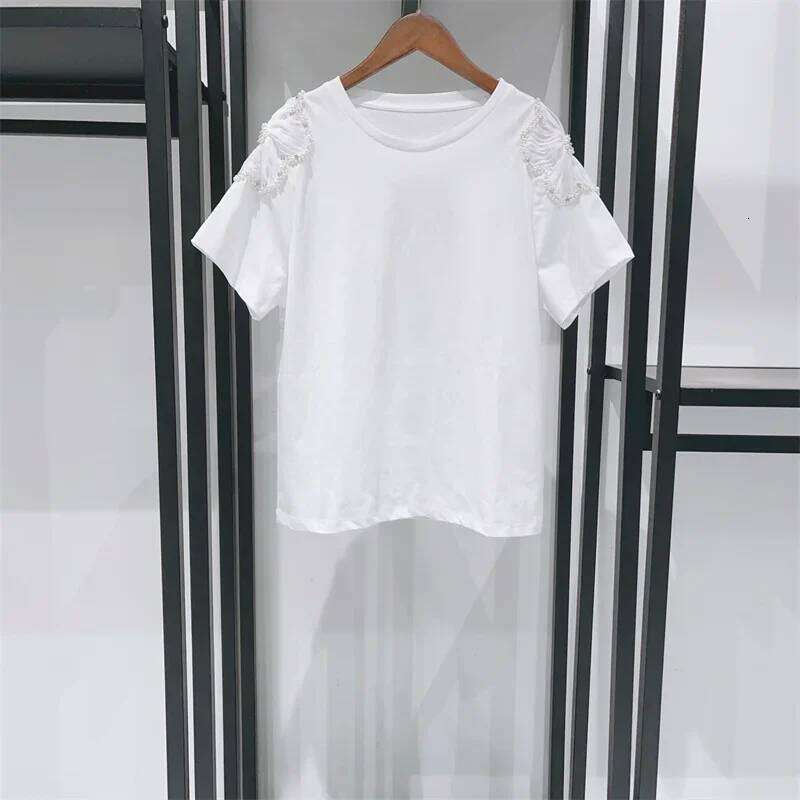 hoodie Shoulder Beading Flower Decoration Women's T- Shirts Summer Simple Lady Round Neck Short Sleeve Tee jacket