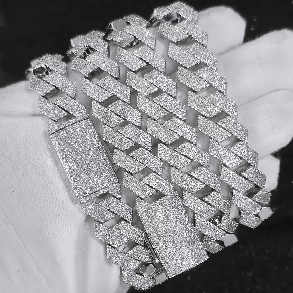 Hip Hop Jewelry 15mm 4 Rows Iced Out CZ Stone Prong Cuban Chain Necklace White Gold Prong Miami Cuban Link Chain for Men