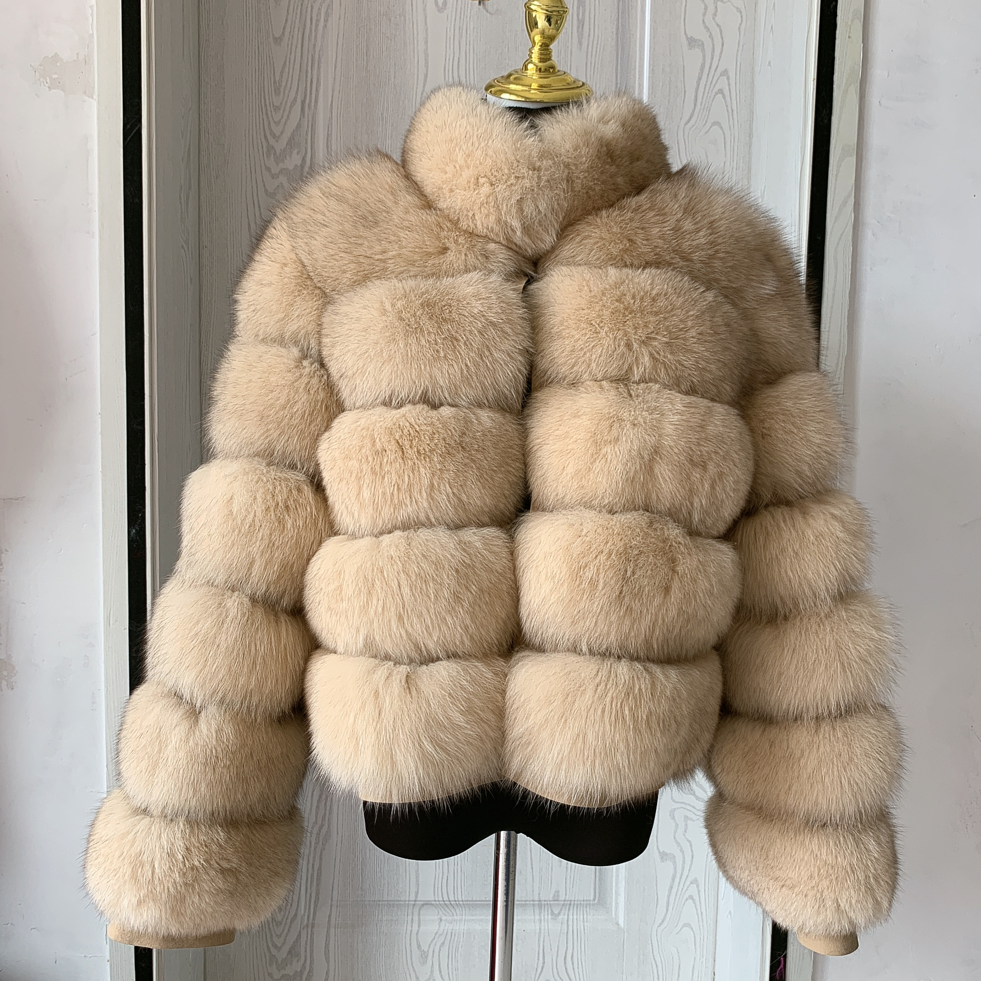 Real fox fur coat with long sleeves and stand collar fluffy women's winter fur jacket warm raccoon fur coat LHXDW