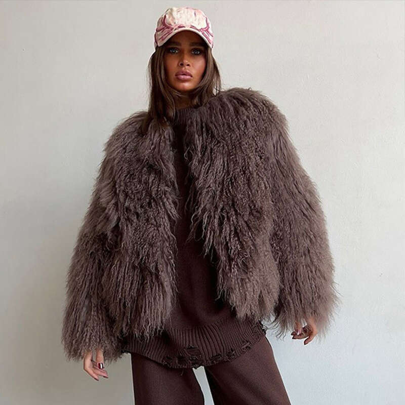 Faux Curly Fur Coat Solid Color Round Neck Loose Fashion Luxury Artificial Fur Short Overcoat Warm Furry Jacket Women's Clothing