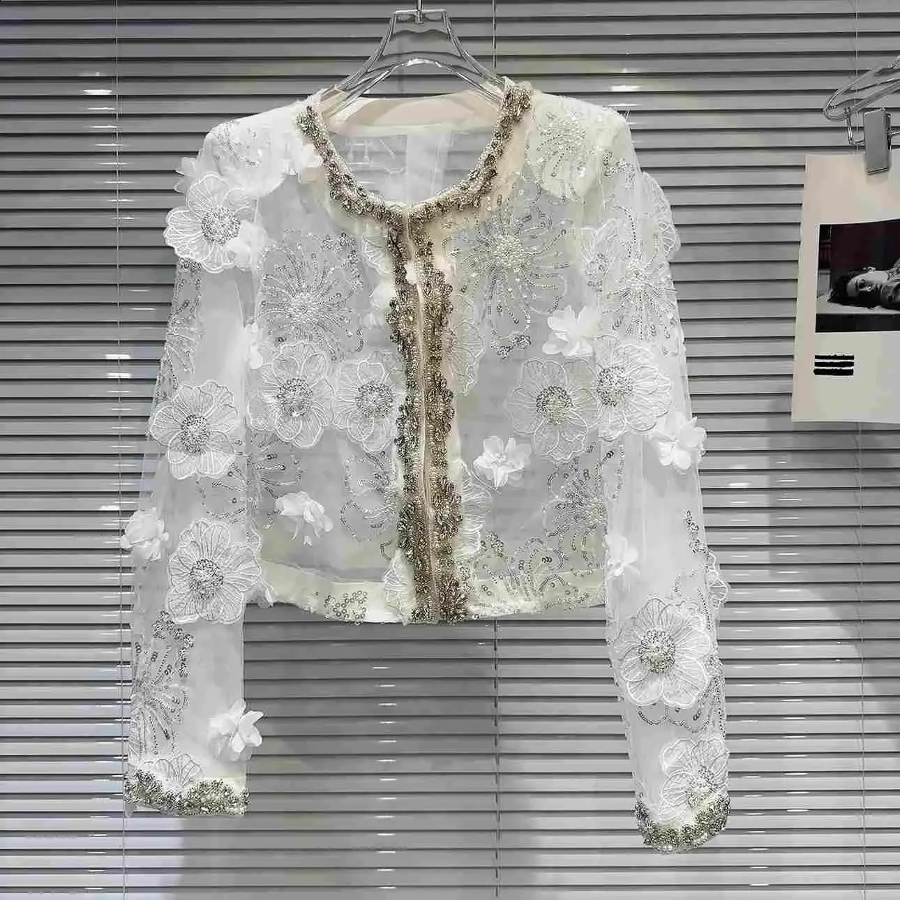 y Women 3D Flowers Mesh Spliced Pearls Beaded Coat Sun Protection Thin Floral y Sequins Gauze Jacket Cardigan Tops 250801