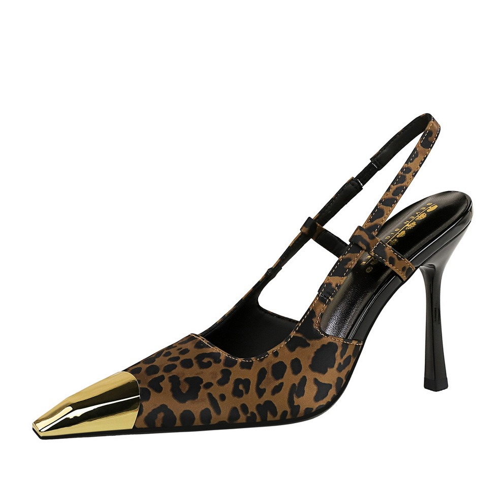 designer heels European and American style banquet high heels thin heels leopard print back void metal pointed toe back loop high-heeled single shoes 