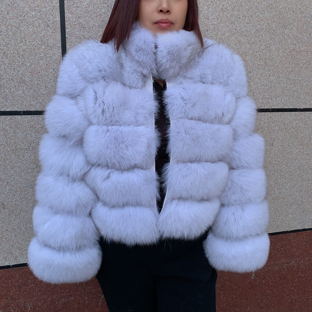 Real fox fur coat with long sleeves and stand collar fluffy women's winter fur jacket warm raccoon fur coat LHXDW