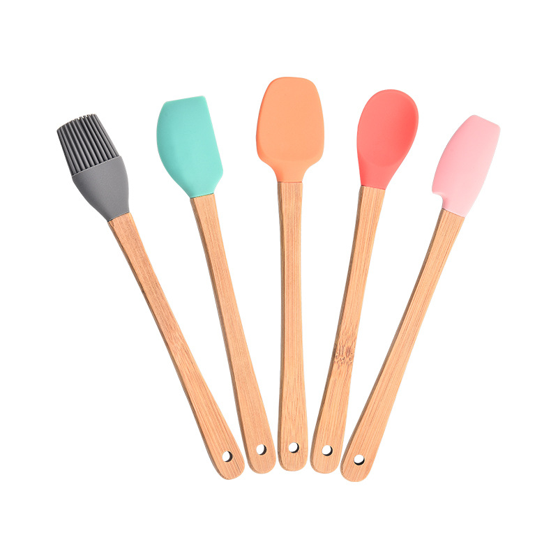 Mini Colorful Baking Tools Set with Silicone Handles - Children's Wood Spatulas & Oil Brush 5-Piece Silicone Toolset for Scraping, Spreading, Pai
