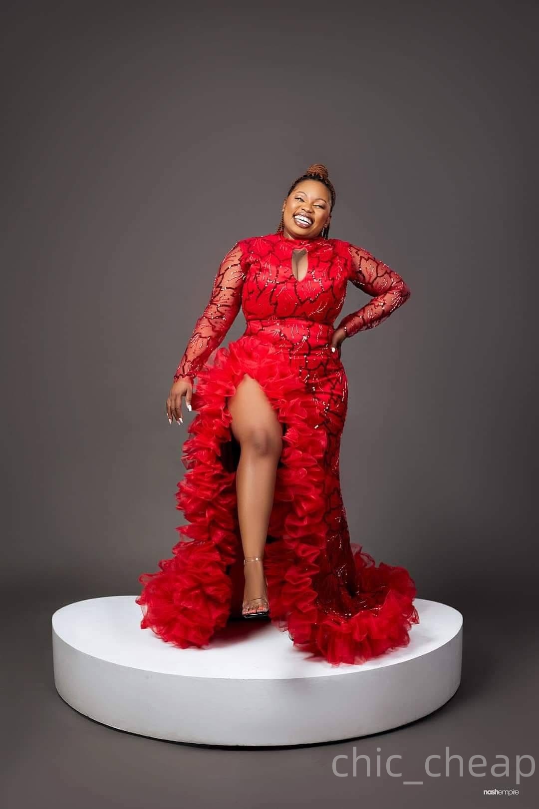 2025 Plus Size Red Mermaid Mother Of Bride Dresses High Split Sequined Full Sleeves Evening Party Mama's Dress Vintage Birthday Wedding Guest Gro