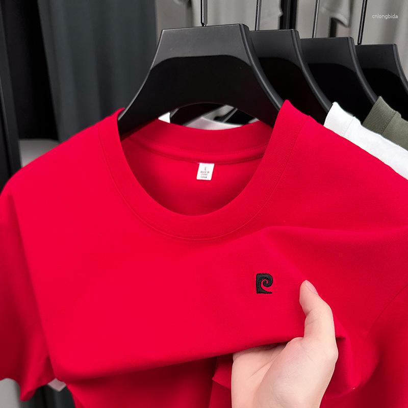 Men's T Shirts Summer Short-Sleeved T-Shirt Round Neck Liquid Argon Seamless Thin Casual Pure Color Embroidered Half-Sleeved