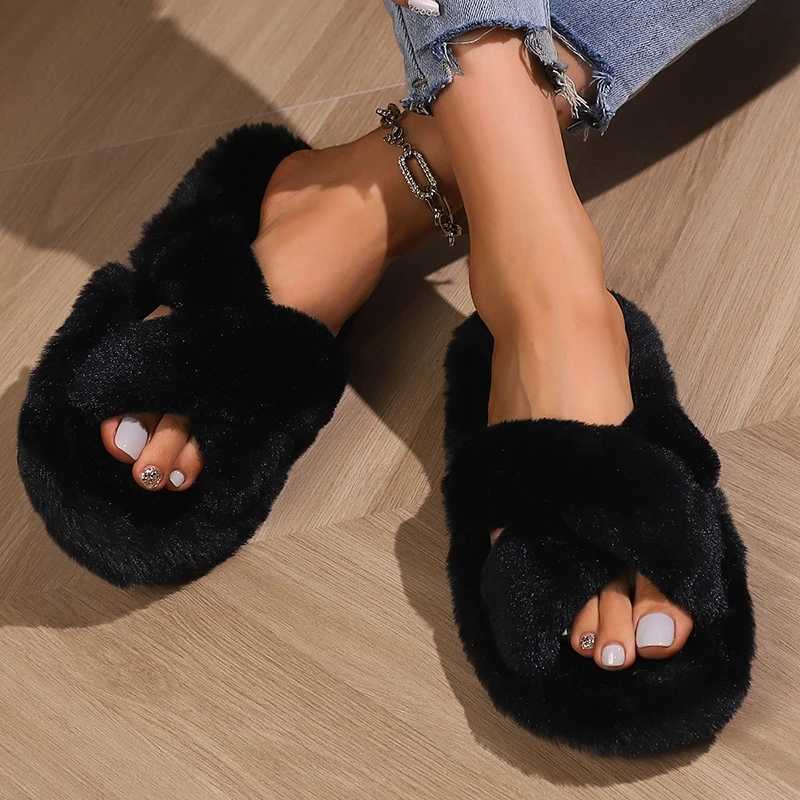 ioni Color Block Fur Fuzzy Cross Strap Open Toe Indoor Slides for Women Non Slip Warm Plush House Slippers Y250818