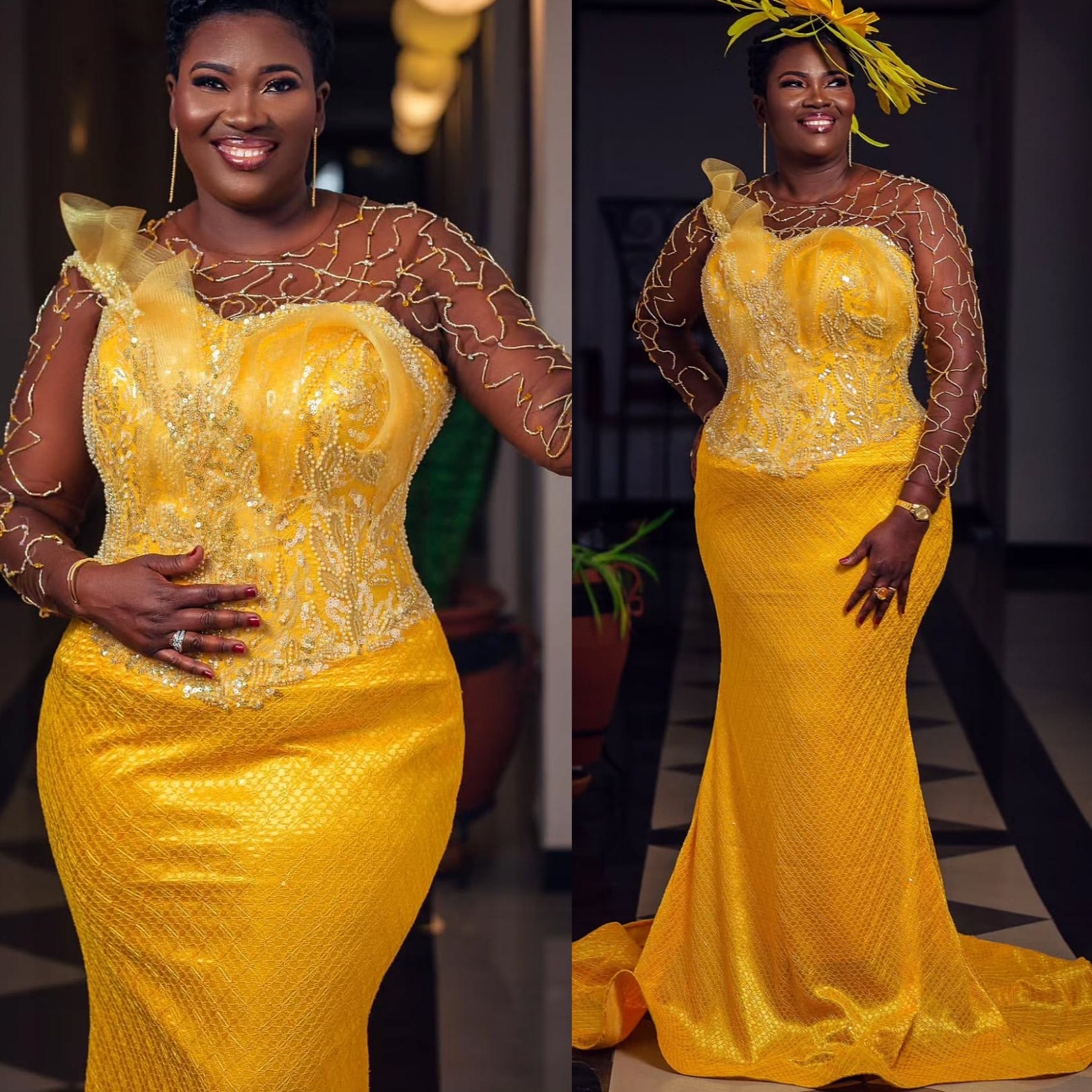 2025 Plus Size Yellow Mermaid Mother Of Bride Dresses Beaded Lace Full Sleeves Evening Party Mama's Dress Vintage Birthday Wedding Guest Groom Mo