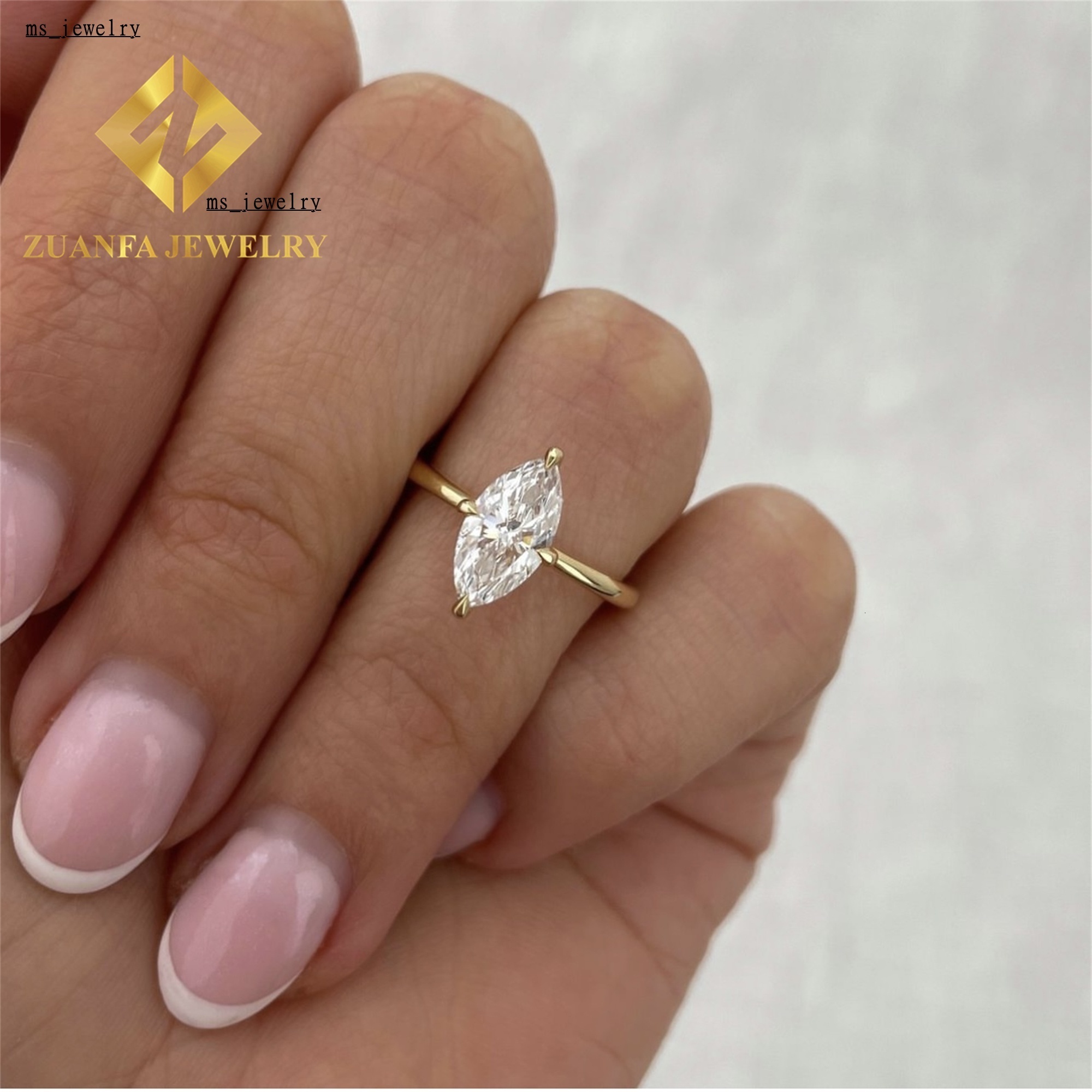 Customized 18k Solid Gold Luxury Gorgeous Bridal Wedding Jewelry 1Ct Marquise Lab Grown Diamond Engagement Wedding Ring