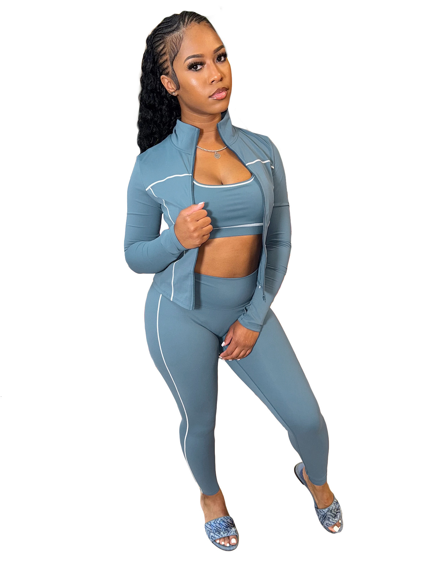 Women Tracksuits Three Pieces Set 2025 New Fashion Clothing Racerback Tank Zipper Thumb Buckle Long Sleeve Tight Pants Sportwear 6 Colours