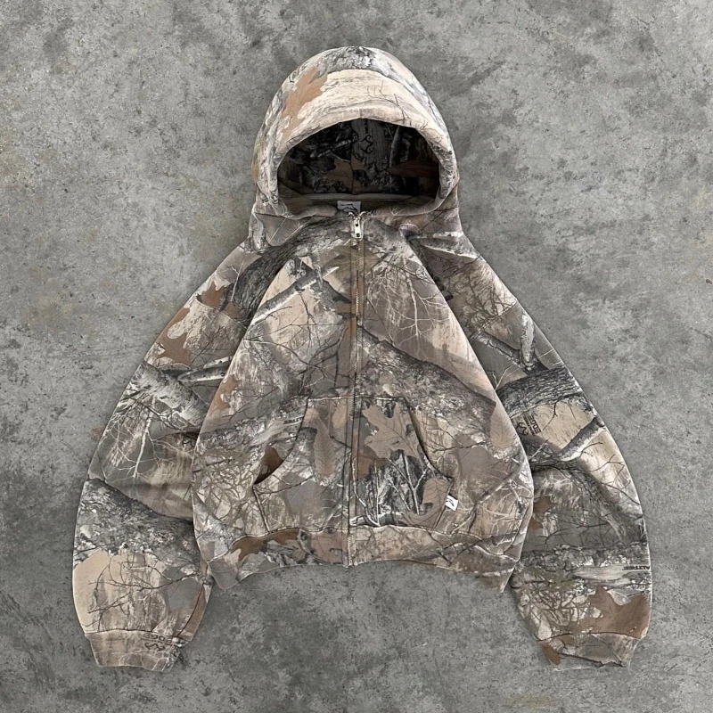 2 Pcs Outerwear Coords Y2K Retro Camo Men Zipper Hoodie Camouflage Pattern Streetwear Hip Hop Unisex Oversized Sweatshirt Sets 250818