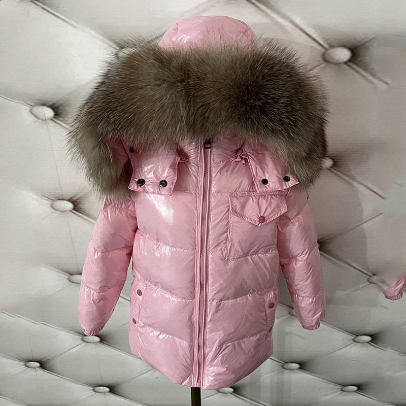 Childrens Winter Down Jacket Shiny Natural Fur Collar Childrens Boys Hooded Coat Baby Girls Warm Snow Clothes Childrens Park 241024