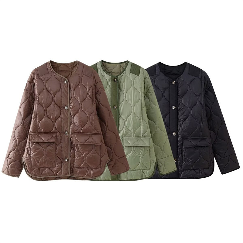 Simple Round-neck Buckle Outerwear Women Autumn Winter Fashion Lazy Style Color-matching cotton-padded jacket Chic Breasted Long Sleeve Jacket