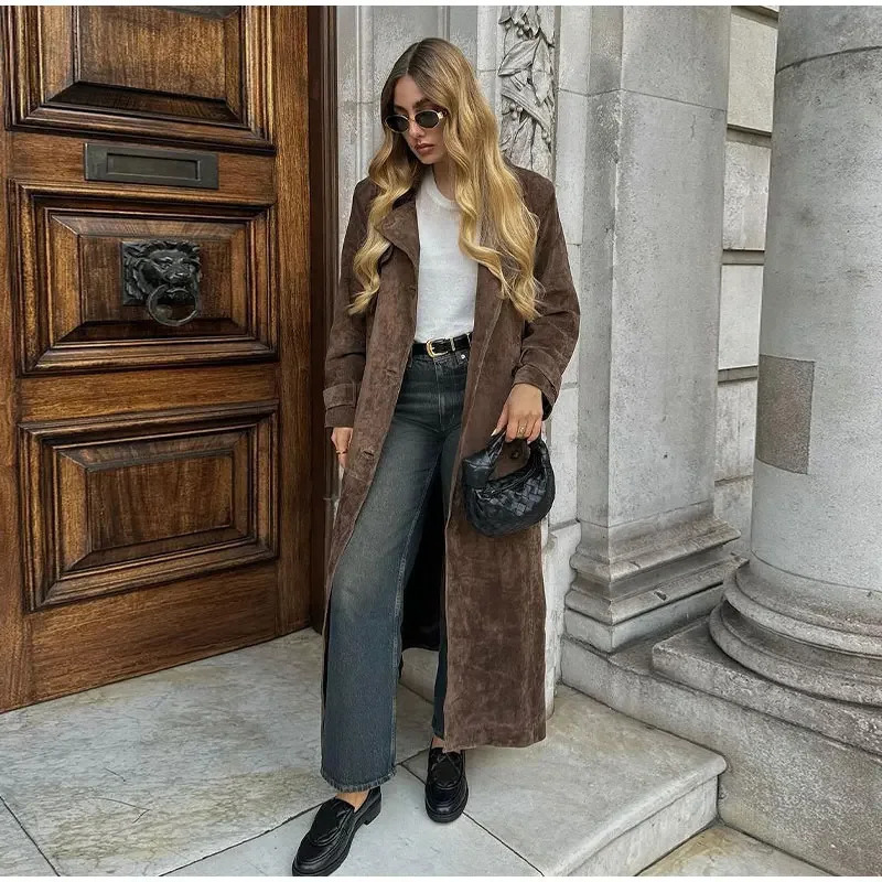 2025 Autumn Winter Elegant Suede Leather Belt Long Trench Brown Coat Fashion Warm Double Button Jacket High Quality Streetwear 250818