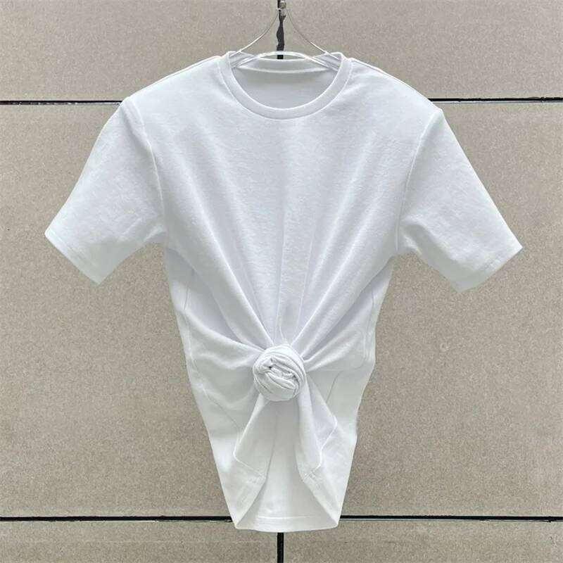 hoodie Women's T-Shirt Summer New Elastic Knitted Short Sleeved 3D Flower Decorated Round Neck Pullover Pure Cotton Crop Top jacket