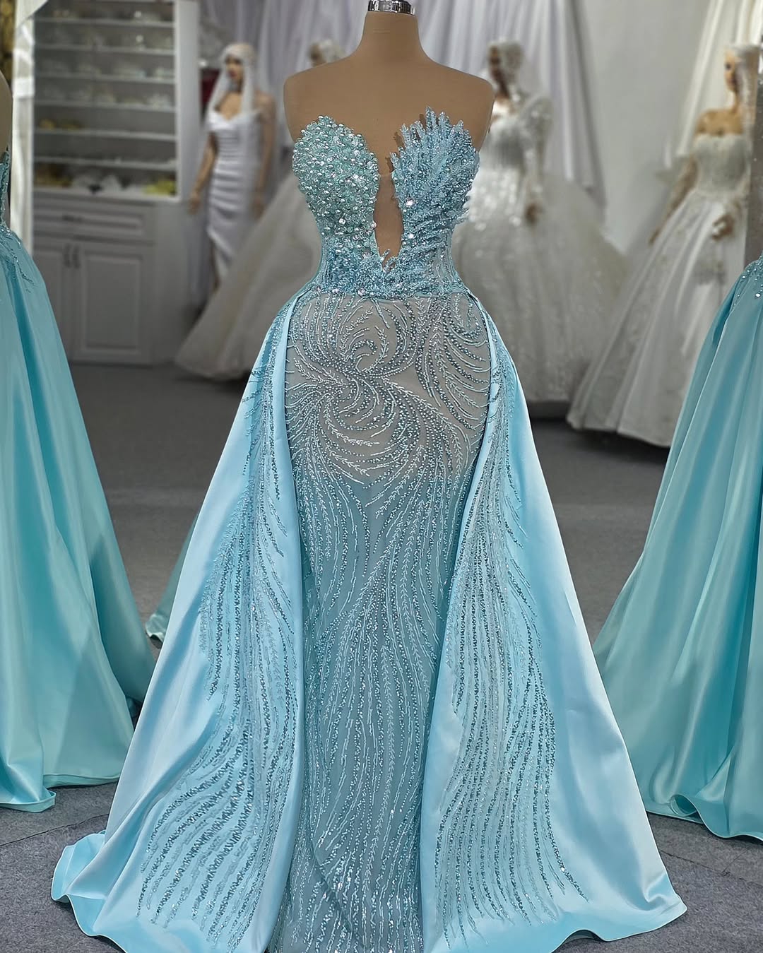 Glamorous Pearls Evening Dresses Sequins Beading Strapless Prom Gowns Detachable Illusion Princess Sweep Train Customized Vestidos De Noche Plus Size