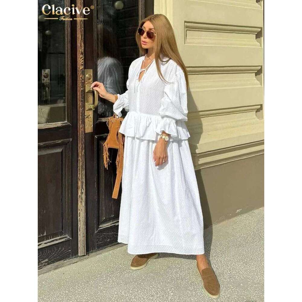 hoodie Clacive Fashion Loose White Cotton Women Casual Long Sleeve Ankle Length Dresses Elegant Classic Ruffle Female Dress jacket