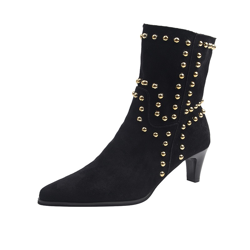 Spring/Autumn 2025 New Retro Women's Shoes Brown Studded Suede Thin Heel Pointed Toe Booties Knight Boots