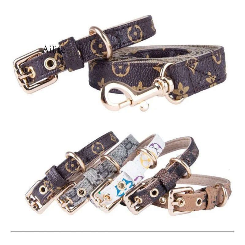 Dog Collars Leash Set Classic Presbyopia Designer Letters Pattern Print Leashes PU Leather Fashion Casual Adjustable Dogs Cats Neck Strap Cute Pet Collar