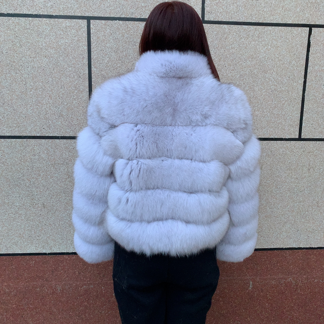 Real fox fur coat with long sleeves and stand collar fluffy women's winter fur jacket warm raccoon fur coat LHXDW