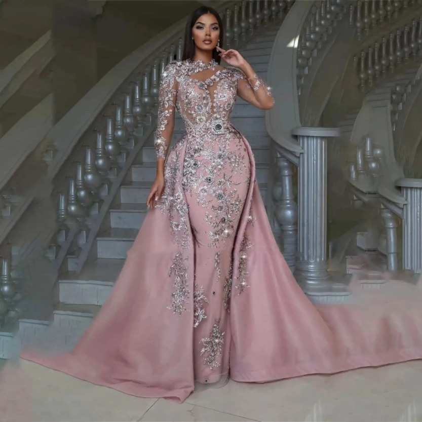 Silver Lace Beaded Mermaid Prom Dresses Appliques Formal Evening Party Gowns Full Sleeves Detchable Train Pink Special occasion Dress Vestidos de gala