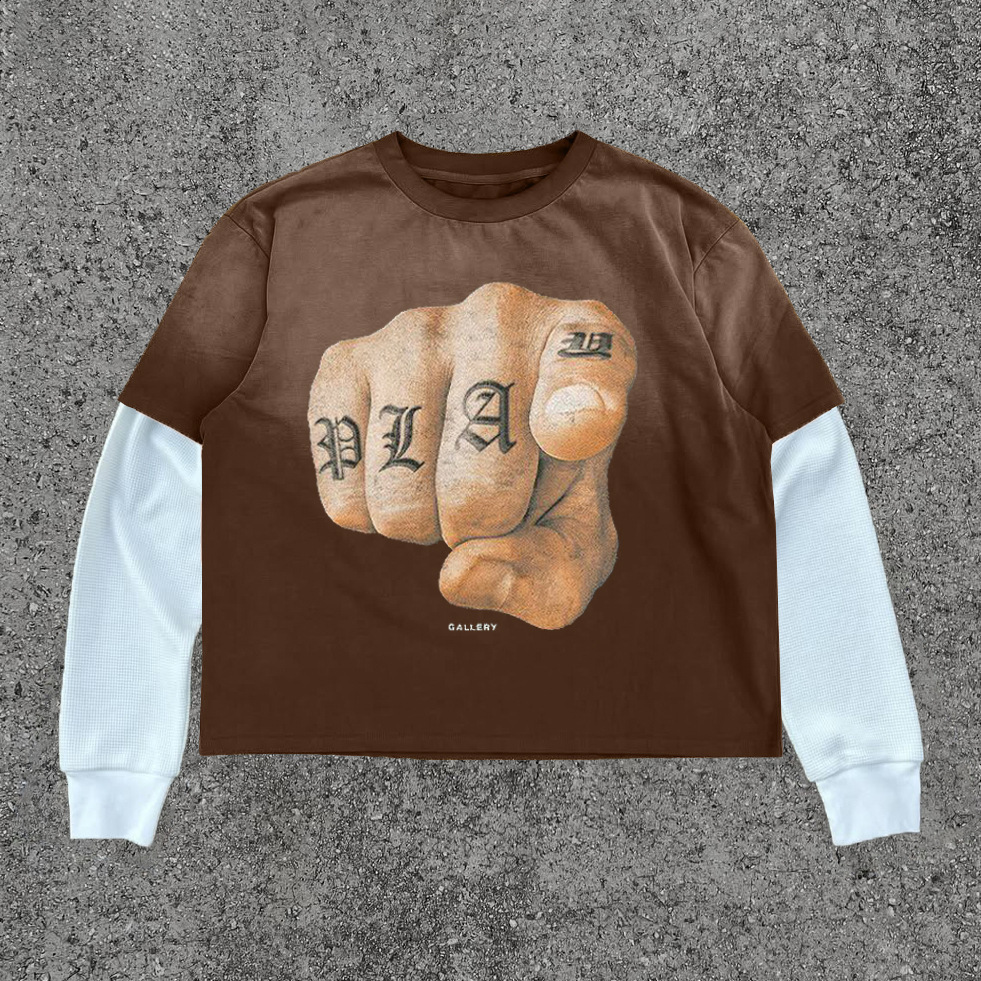 Streetwear Double Layer Long Sleeve Round Neck Pullover Y2k Clothes Hip Hop Goth Diamond Letter Print Leisure Sweatshirt 250226