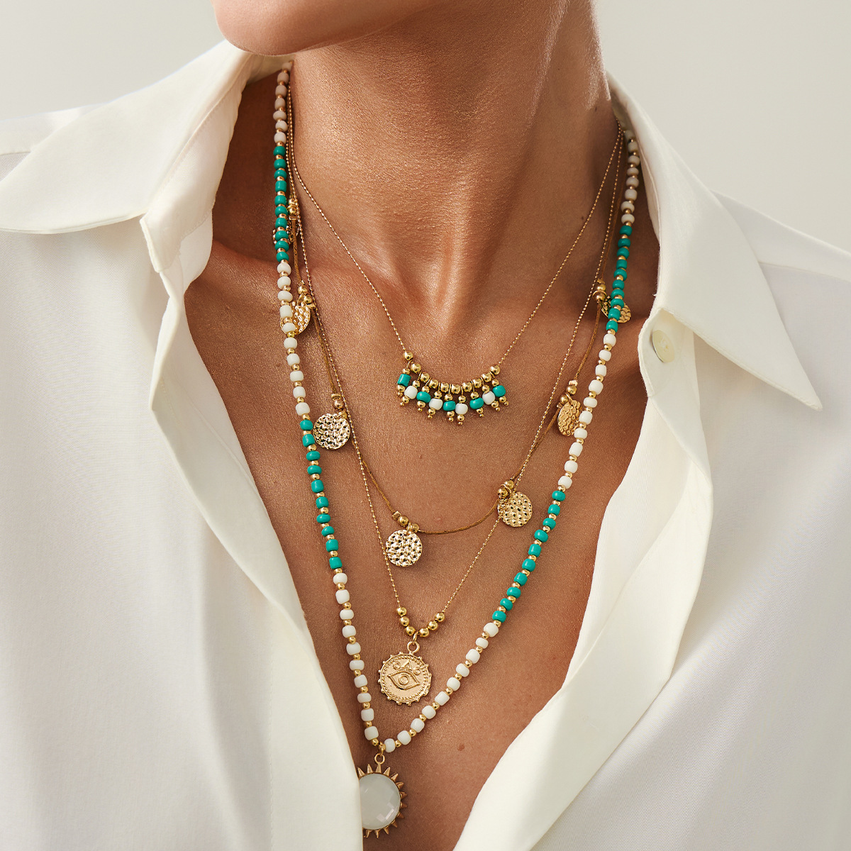 2025 Boho Rice Bead Choker Necklace Matte Copper Chain Round Pendant European Bohemian Layered Collar Jewelry