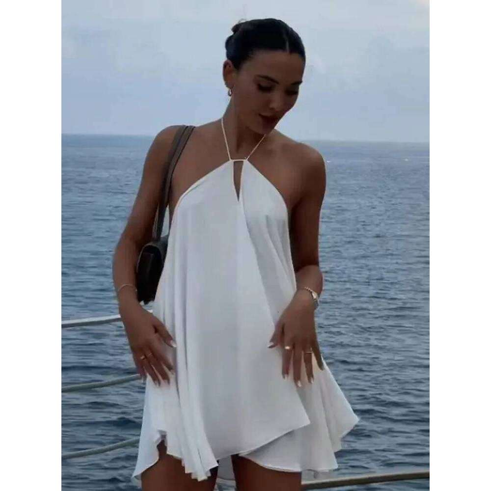 hoodie Sexy Hollow Halter Backless Mini Dress Women's Elegant Sleeveless Loose Solid Street Vestidos Female Beach Vacation Gowns jacket