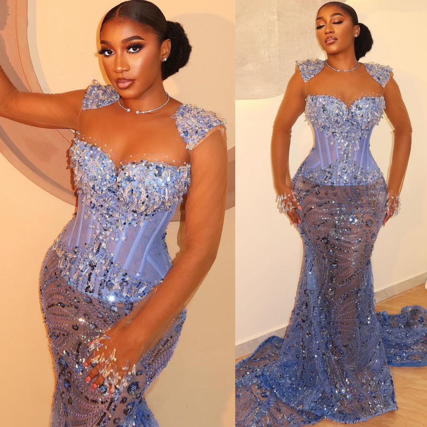 Aso Ebi Sky Blue Mermaid Prom Dresses 2025 Rhinestones Beaded Illusion Evening Formal Party Second Birthday Engagement Gowns Plus Size Dress For Speci